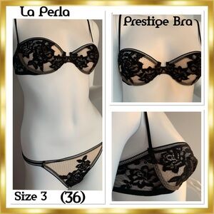 La Perla Prestige Embroidered Sheer Rose Ribboned Black & Nude Bra sz(3) 36